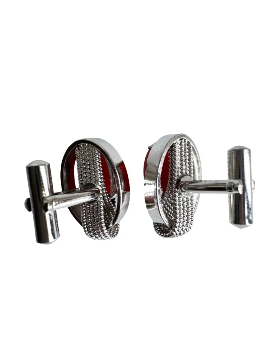 Vintage Red Cabochon Cufflinks Silver Tone Oval Mens Formal Jewelry Groom Gift